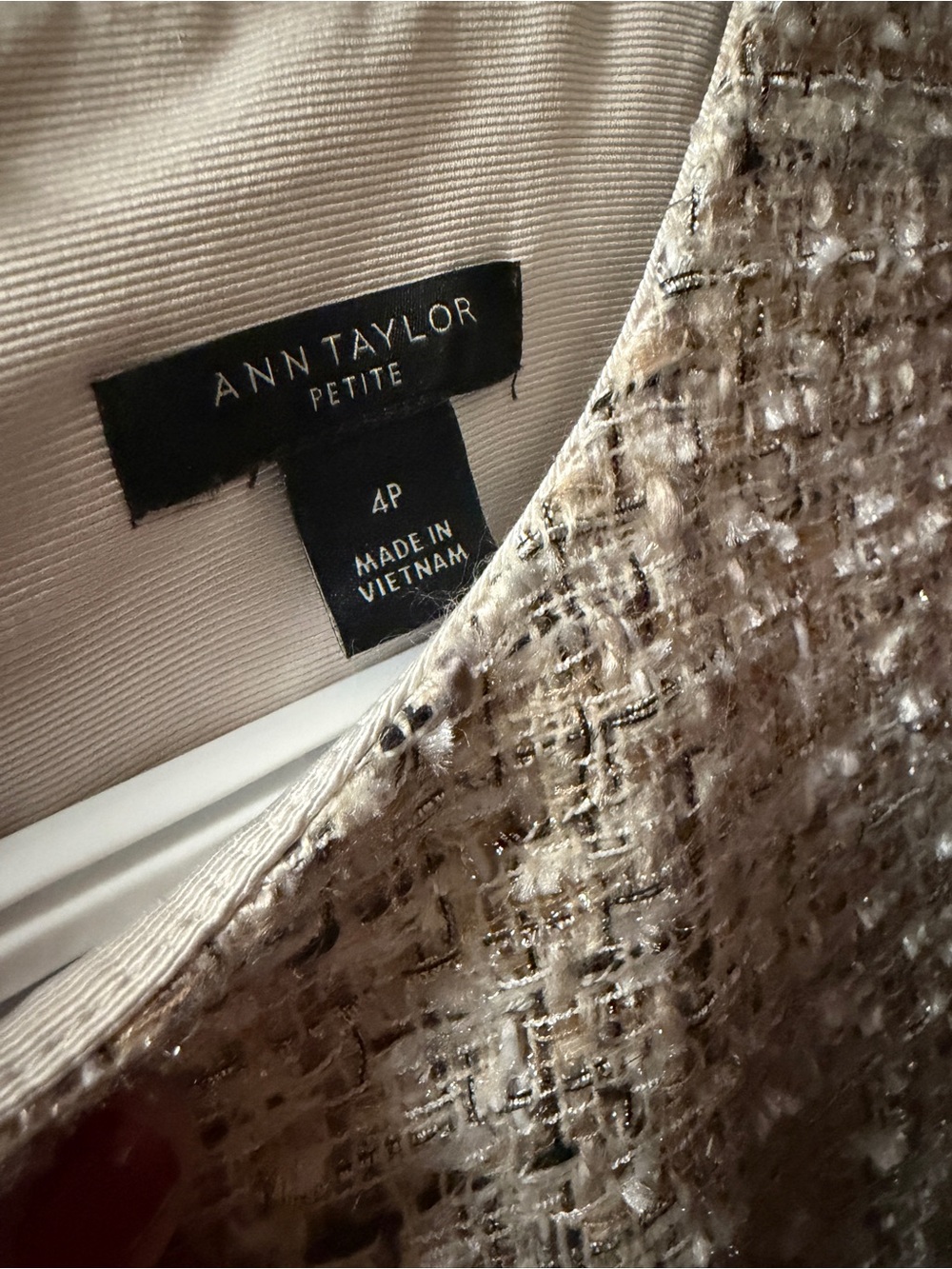 Ann Taylor Petite Cream Tweed Shell with Metallic Threading